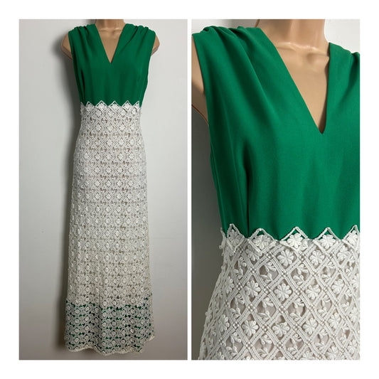 Vintage Late 1960s Size 14 Green & White Embroidered Lace Special Occasion Maxi Dress