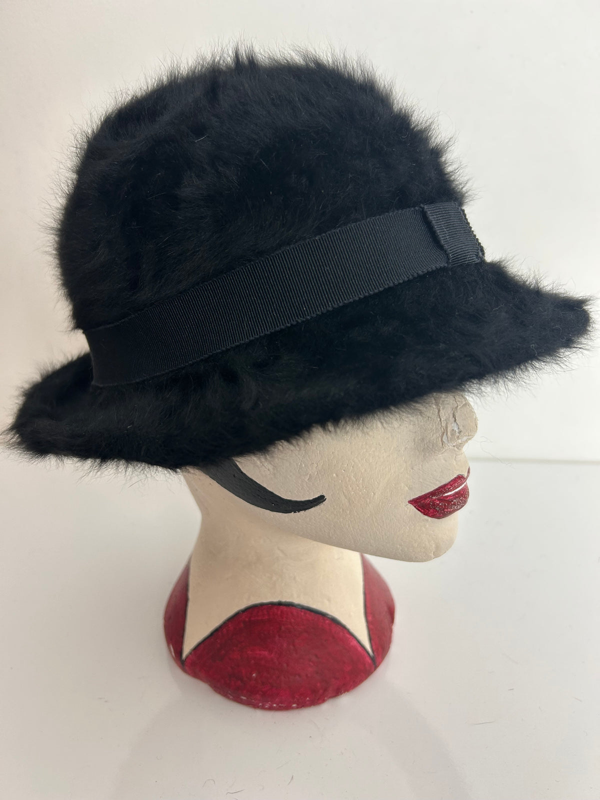 Vintage Black Angora Mix Bucket Style Hat With Grosgrain Trim