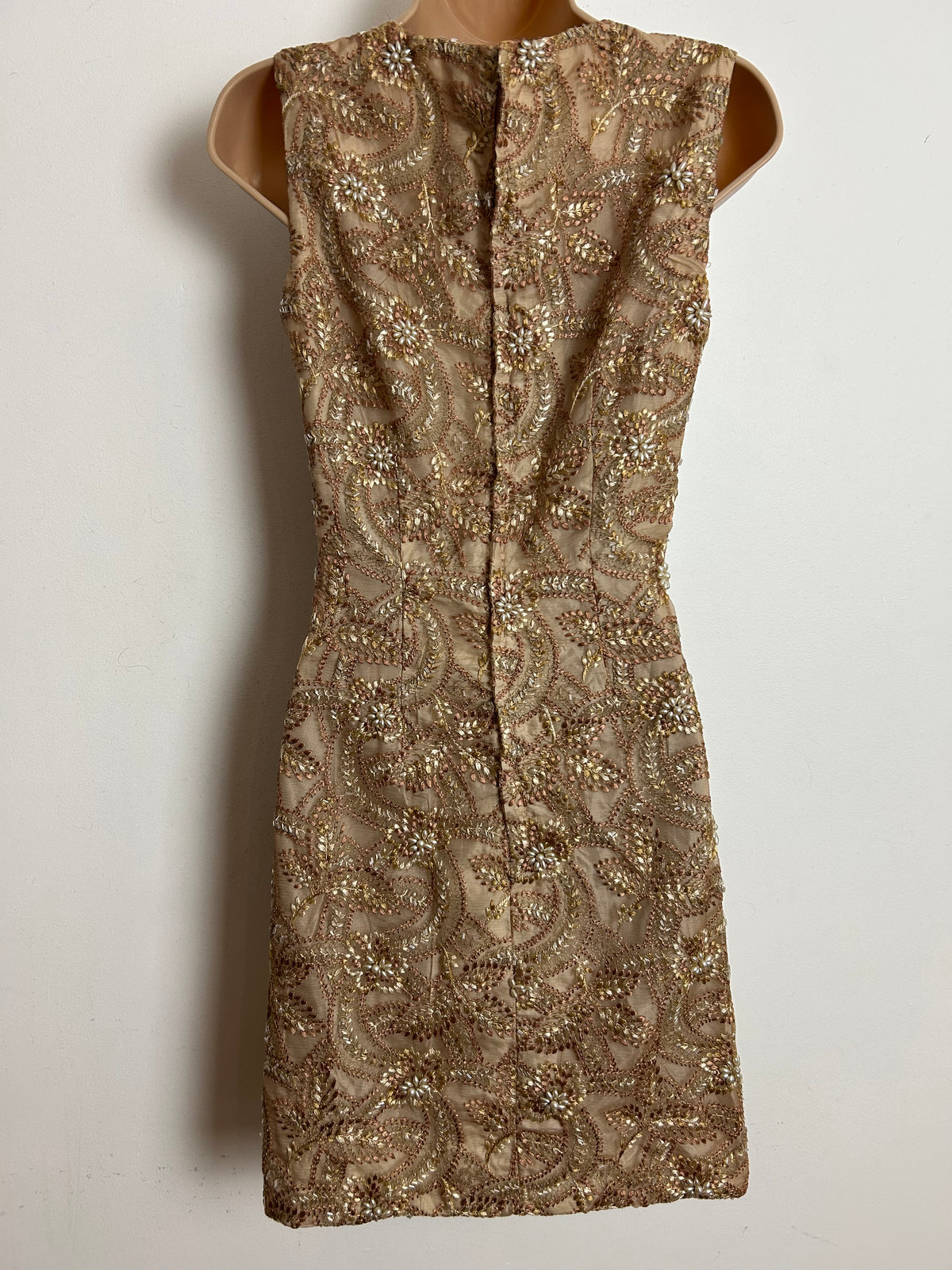 Vintage 1960s Size 6-8 Beige Silver & Gold Embroidered Bead Detail Evening Party Dress