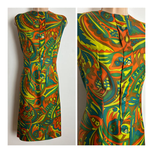 Vintage 1960s Size 12 Green Orange & Brown Tones Psychedelic Floral Print Mod Shift Dress