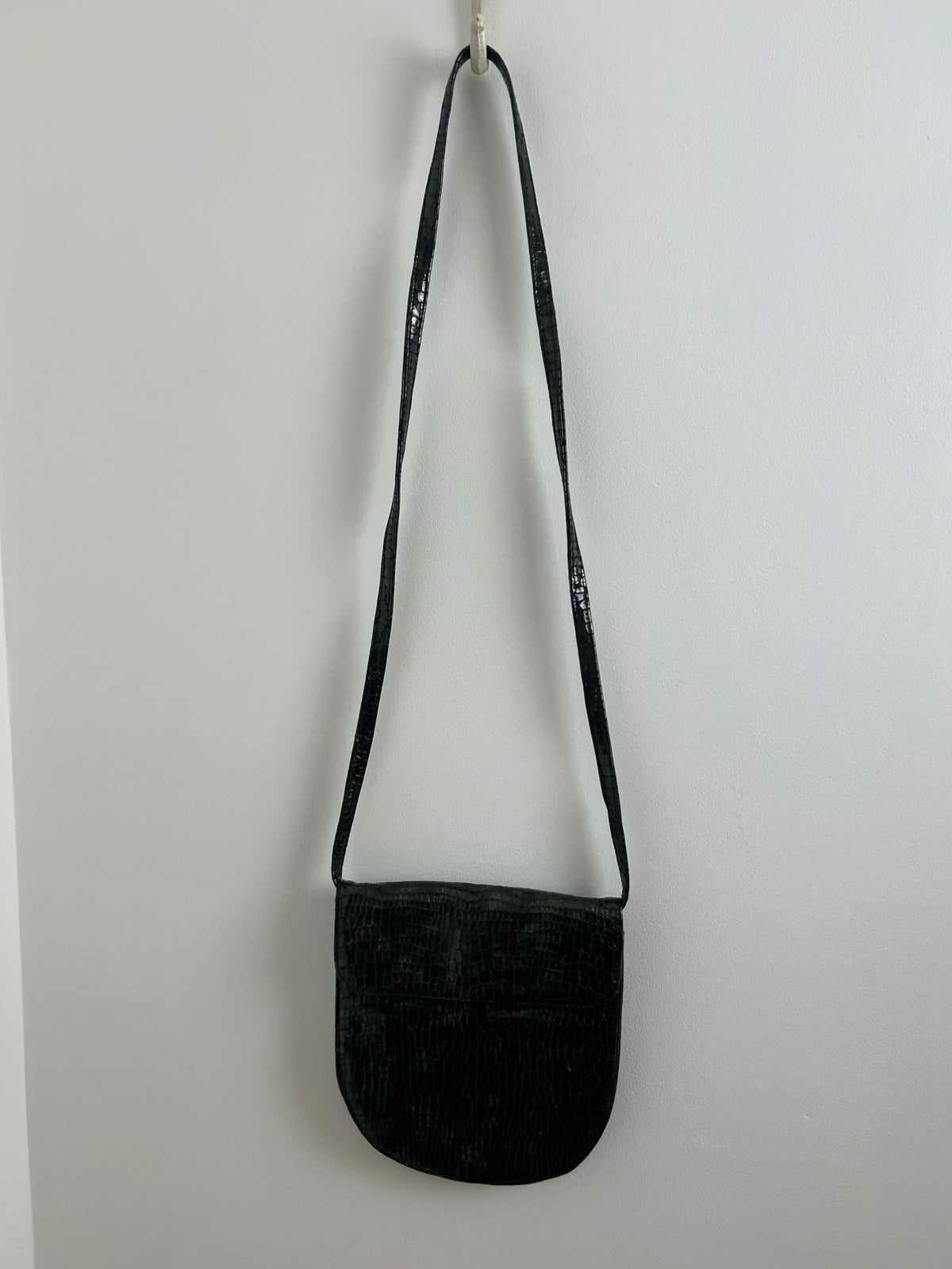 Vintage 1980s Cute Little Very Dark Green Mock Reptile Skin Shoulder Bag