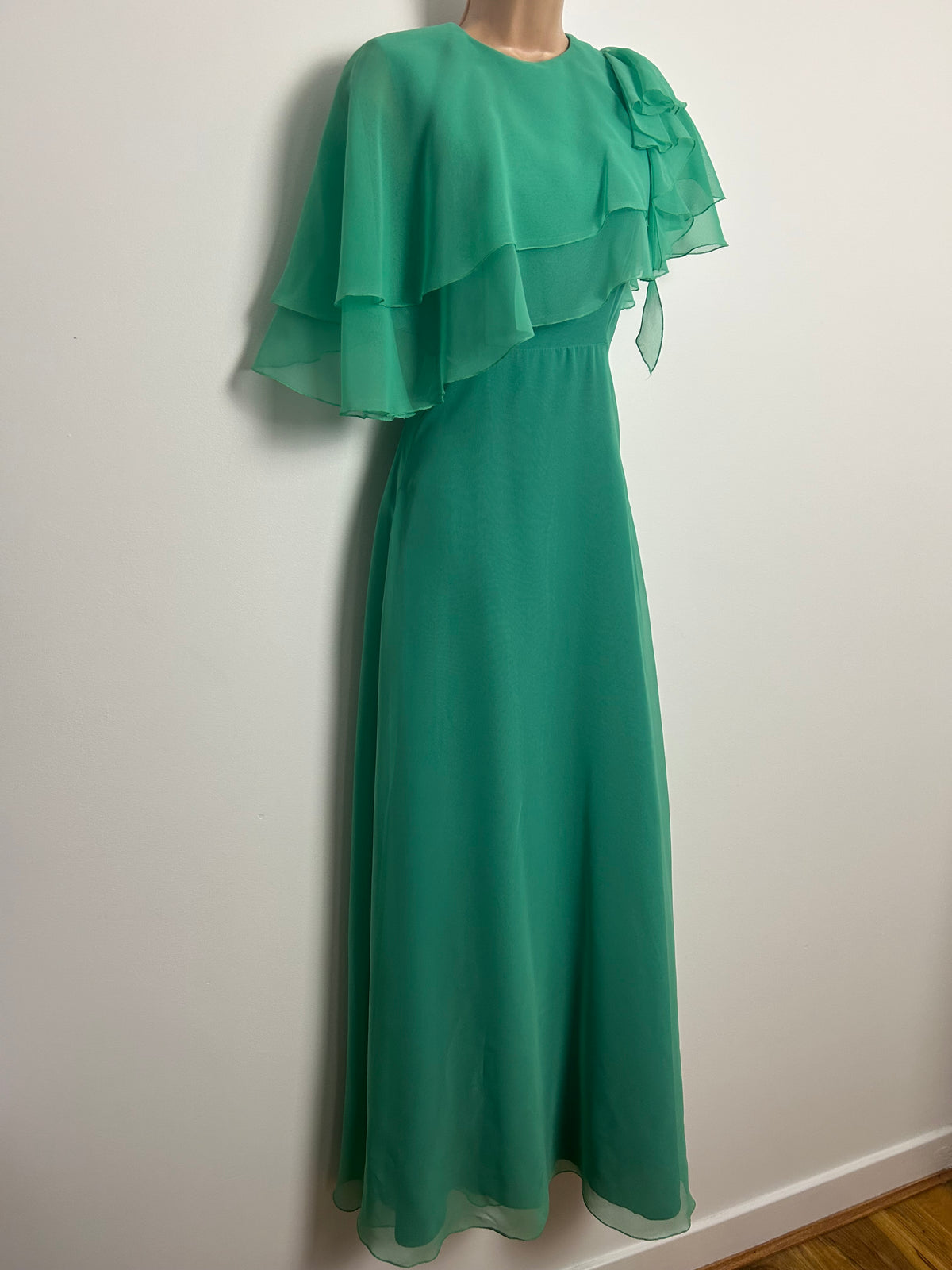 Vintage 1970s JOHN CHARLES Size 8-10 Jade Green Chiffon Layered Bodice Boho Occasion Maxi Dress