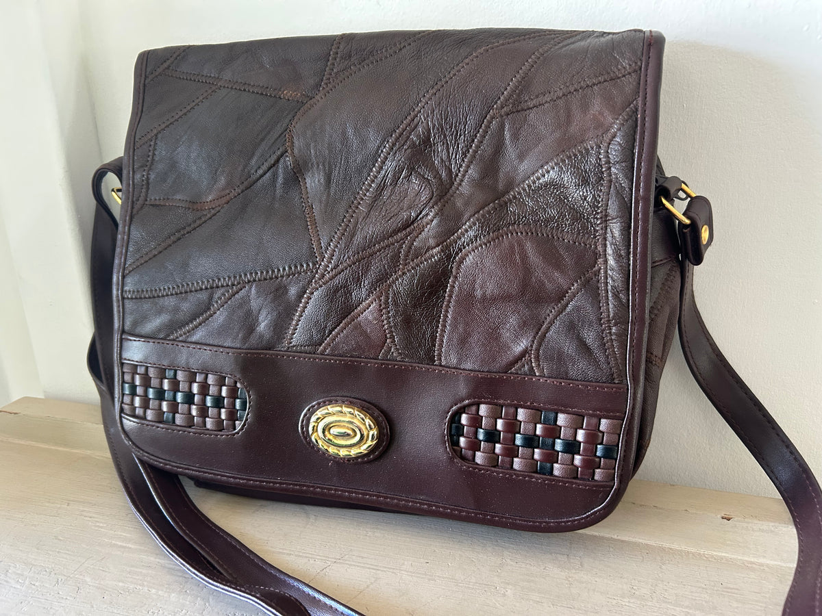 Vintage 1980s Brown Leather Patchwork Style Shoulder Or Cross Body Bag