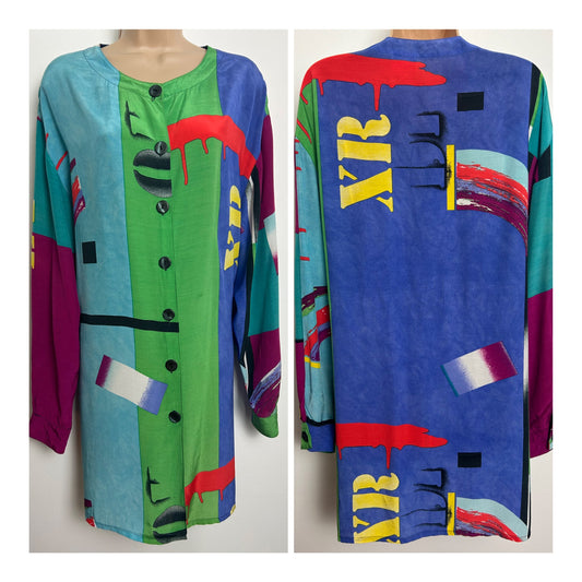 Vintage 1980s Size 16 Fab Green Blue & Red Abstract Print Long Length Shirt Or Dress