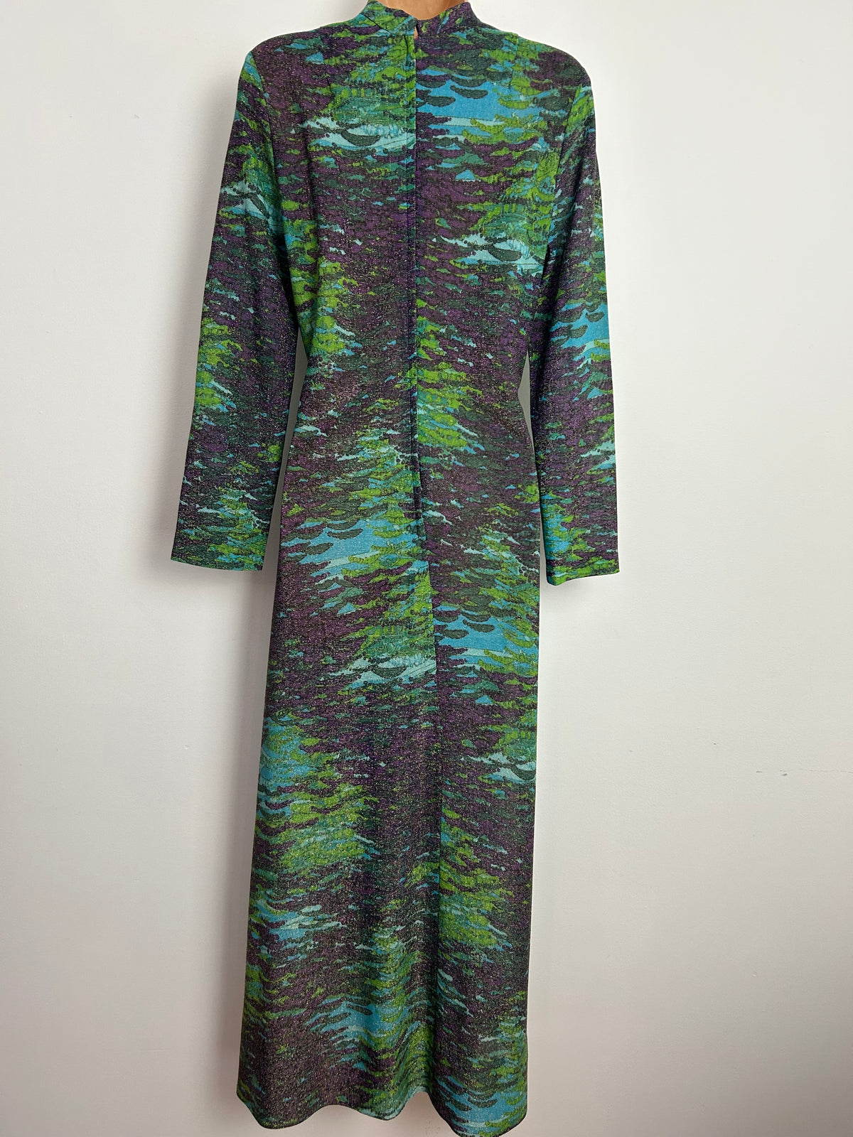 Vintage 1970s EASTEX Size 10-12 Green Purple & Turquoise Abstract Print Lurex Shimmery Occasion Maxi Dress