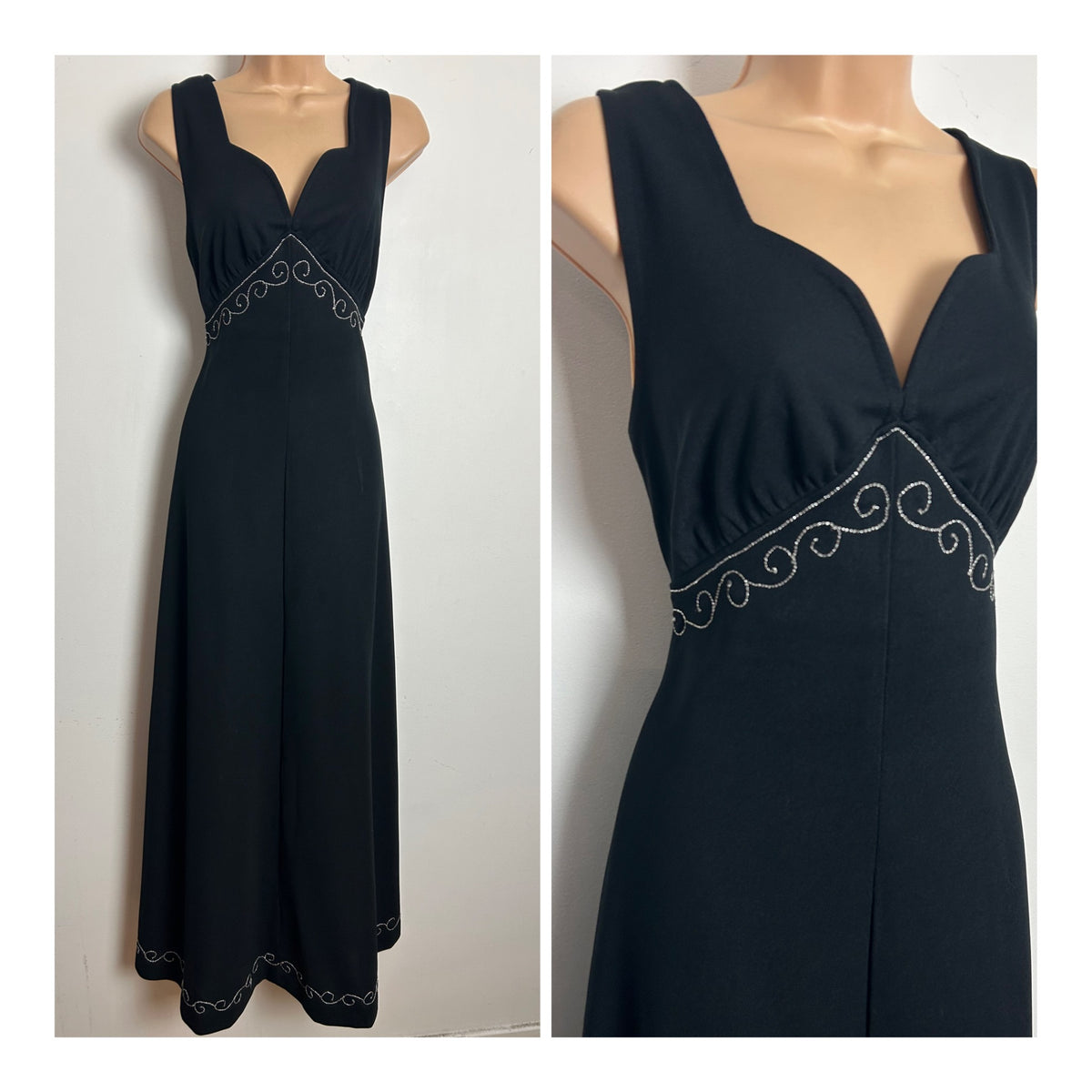 Vintage 1970s Size 8 Black & Silver Braid Trim Sleeveless Occasion Evening Maxi Dress