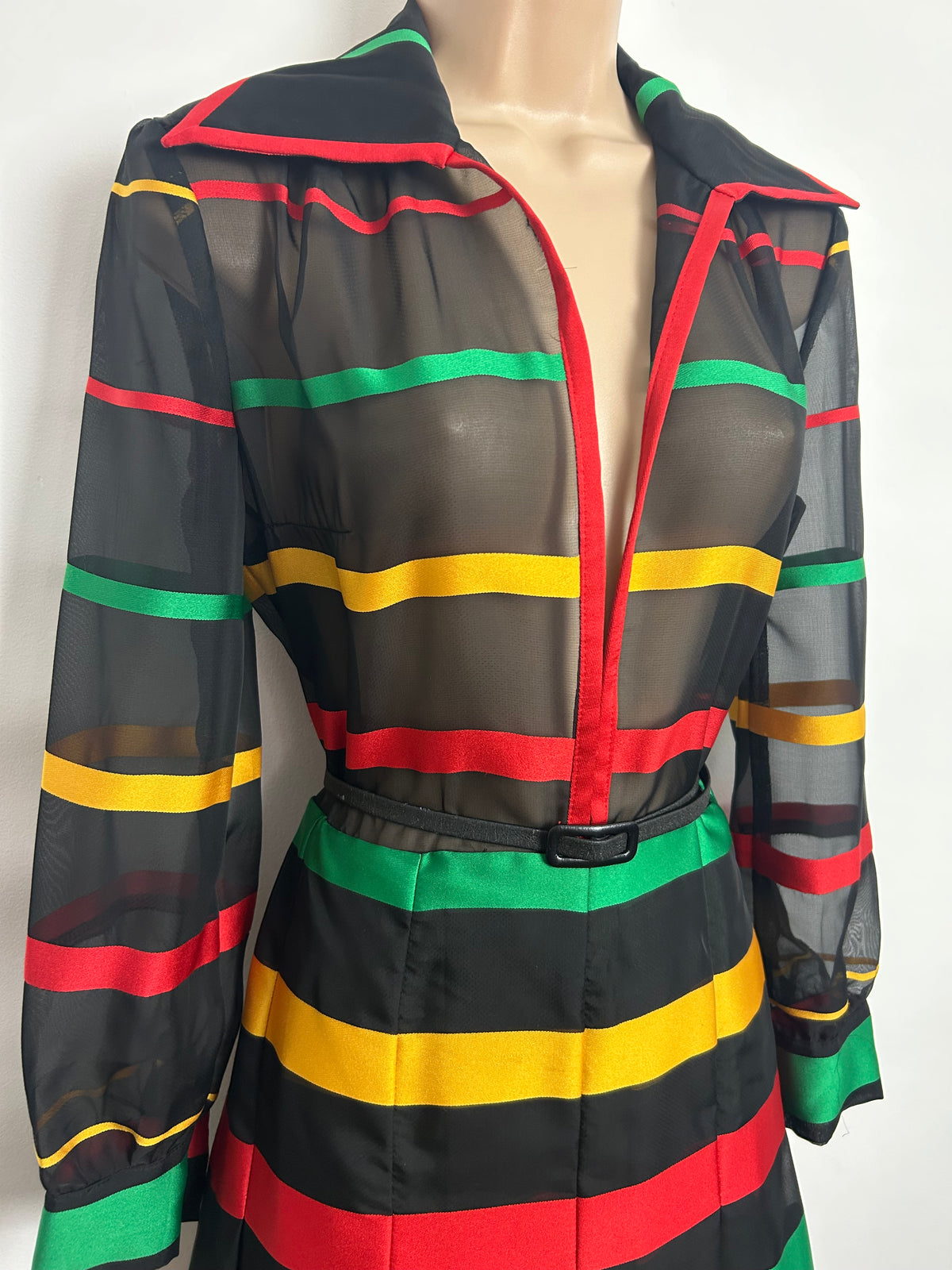 Vintage 1970s CARRE Size 12 Black Red Yellow & Green Stripe Wide Collared Pleated Maxi Dress