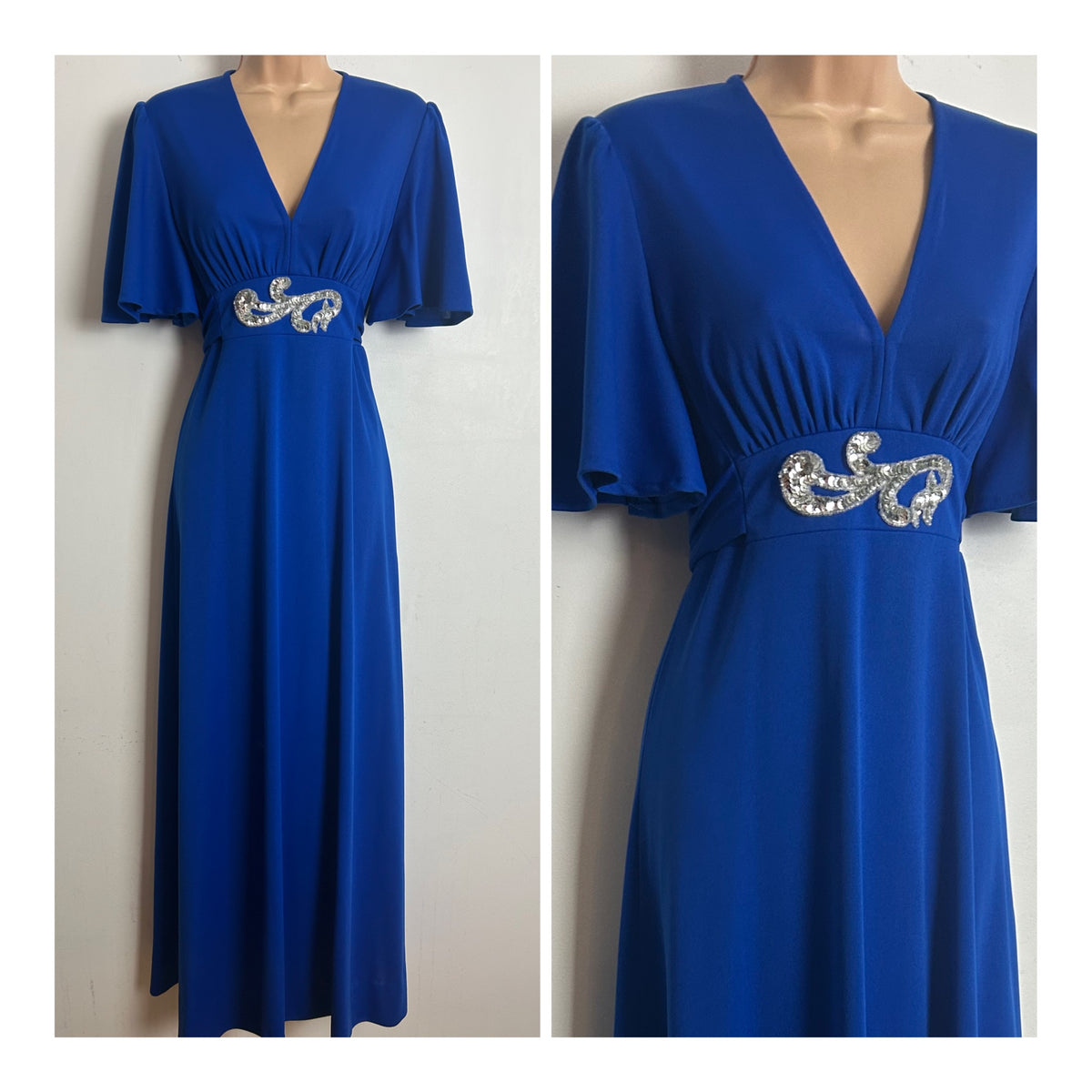 Vintage 1970s Size 8 Royal Blue Sequin Applique Detail Tie Back Occasion Maxi Dress