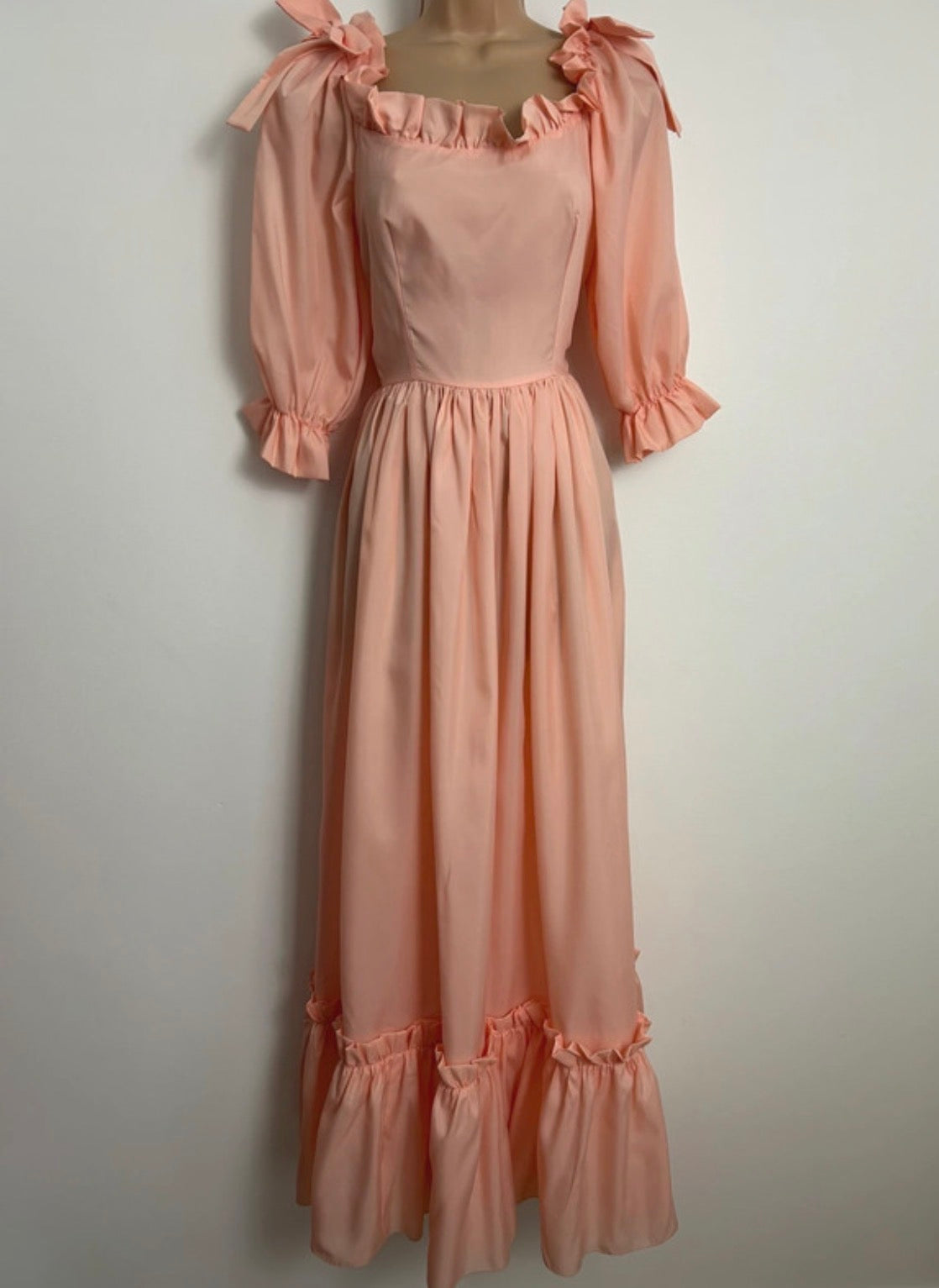 Vintage Late 1970s Size 6 Peach Bow Shoulder Detail Prairie Maxi Dress