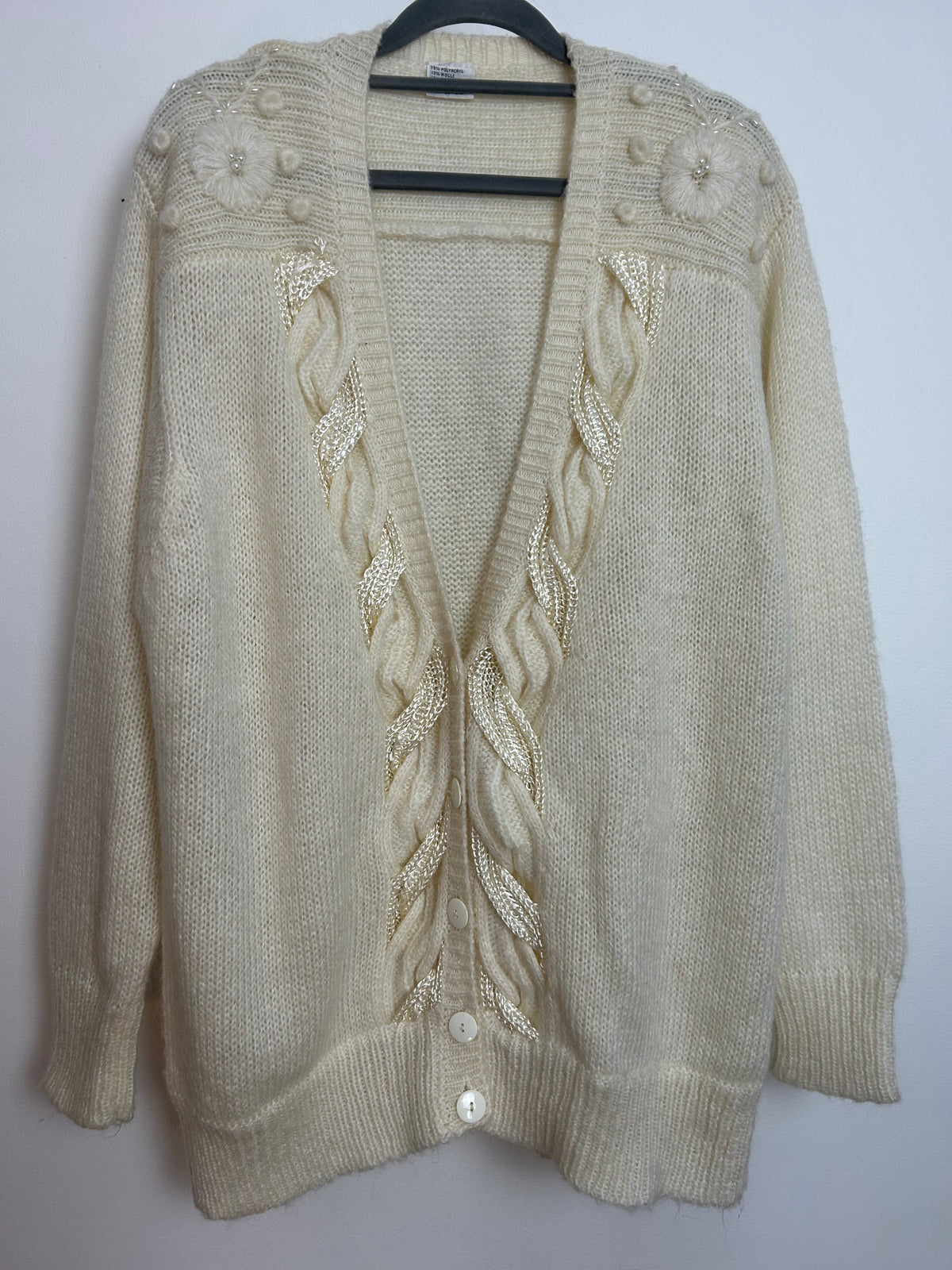 Vintage 1980s Up To Size 16 Super Soft Cream Wool Mix Cable Knit Cardigan