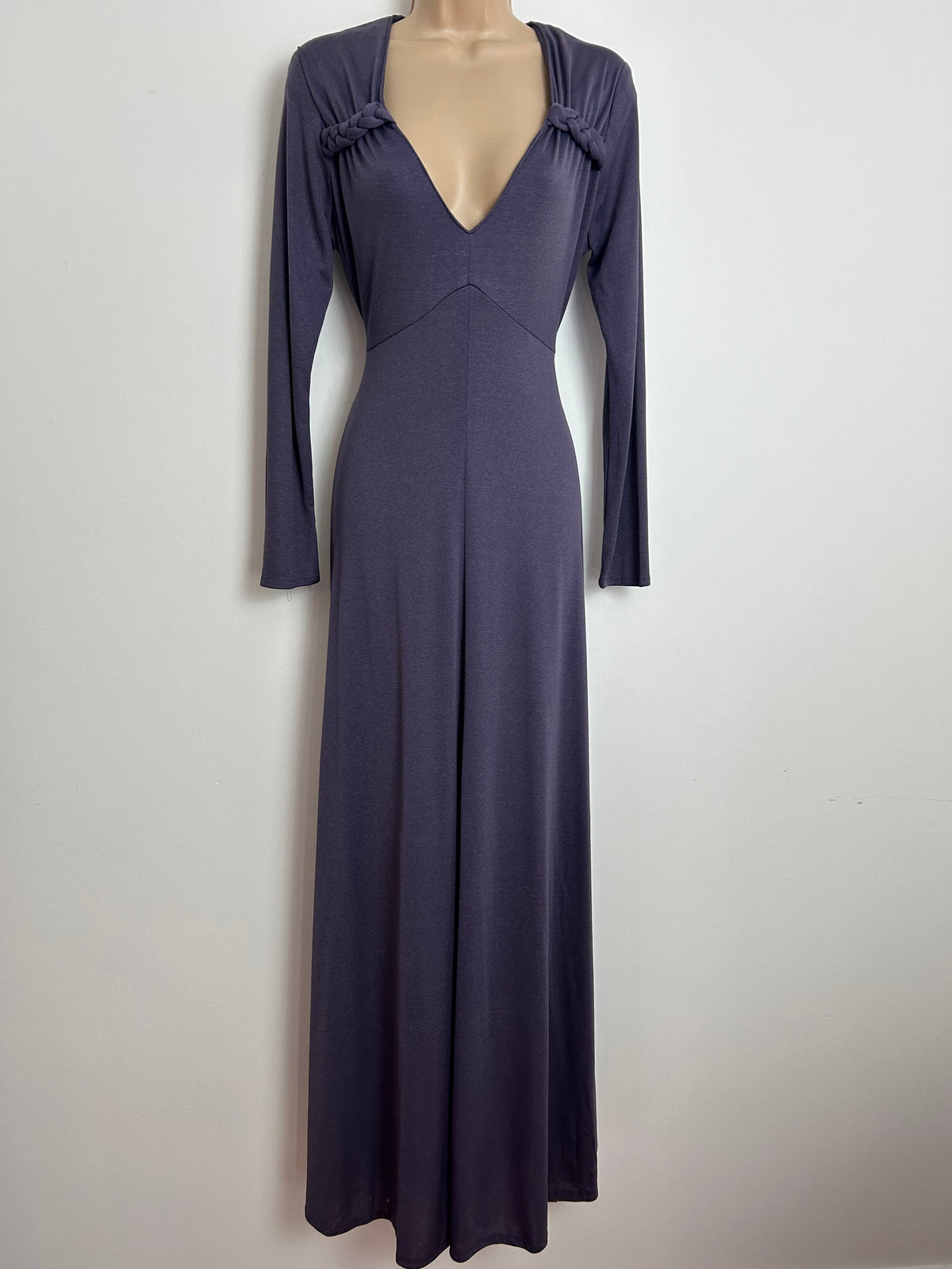 Vintage 1970s SHELANA Size 12 Mauve Grey Long Sleeve Plaited Detail Long Sleeve Maxi Dress