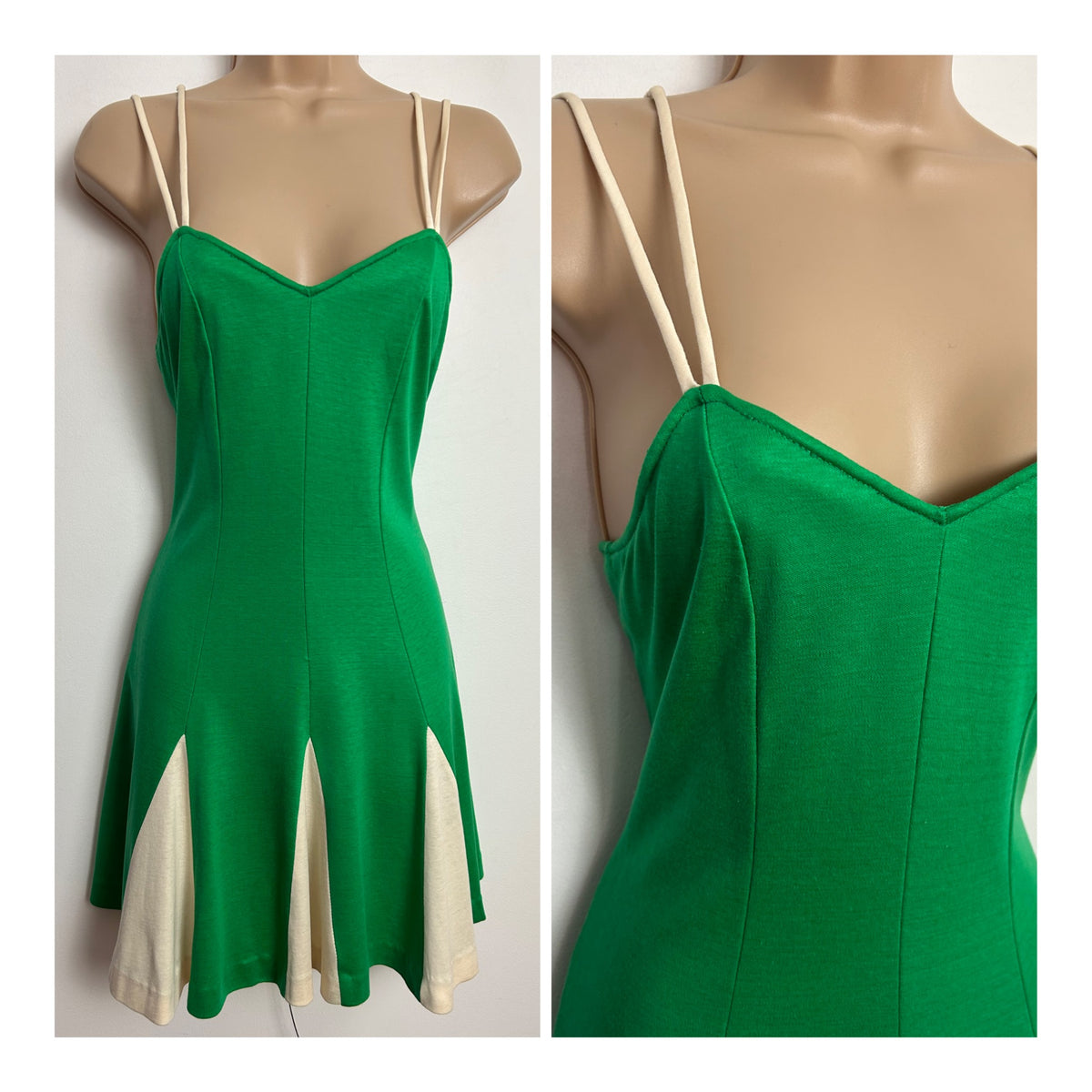 Vintage 1970s SAINT CLOUD Size 6 Green & Beige Double Strap Mini Sundress