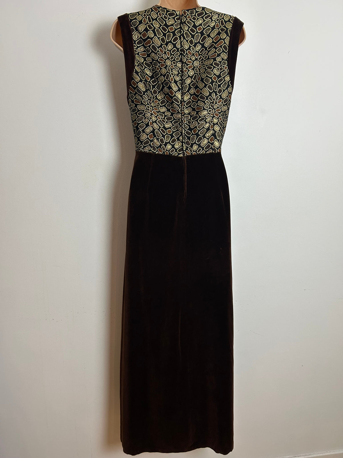 Vintage 1960s FREDERICK HOWARD Size 12 Brown & Gold Brocade & Velvet Evening Occasion Maxi Dress