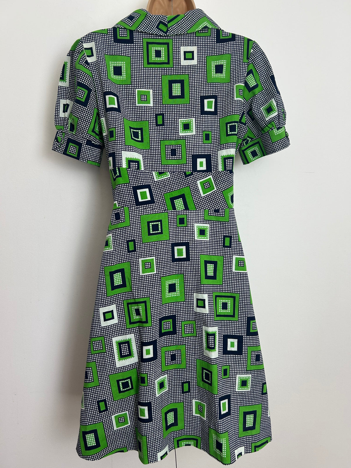 Vintage 1960s VANESSA Size 10 Navy Blue & Gren Check Print Cotton Open Front Mod Wrap Dress