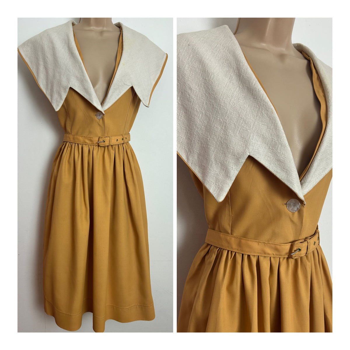 Vintage 1950s Size 12-14 Mustard & Cream Shawl Collar Belted Pleated Day Dress