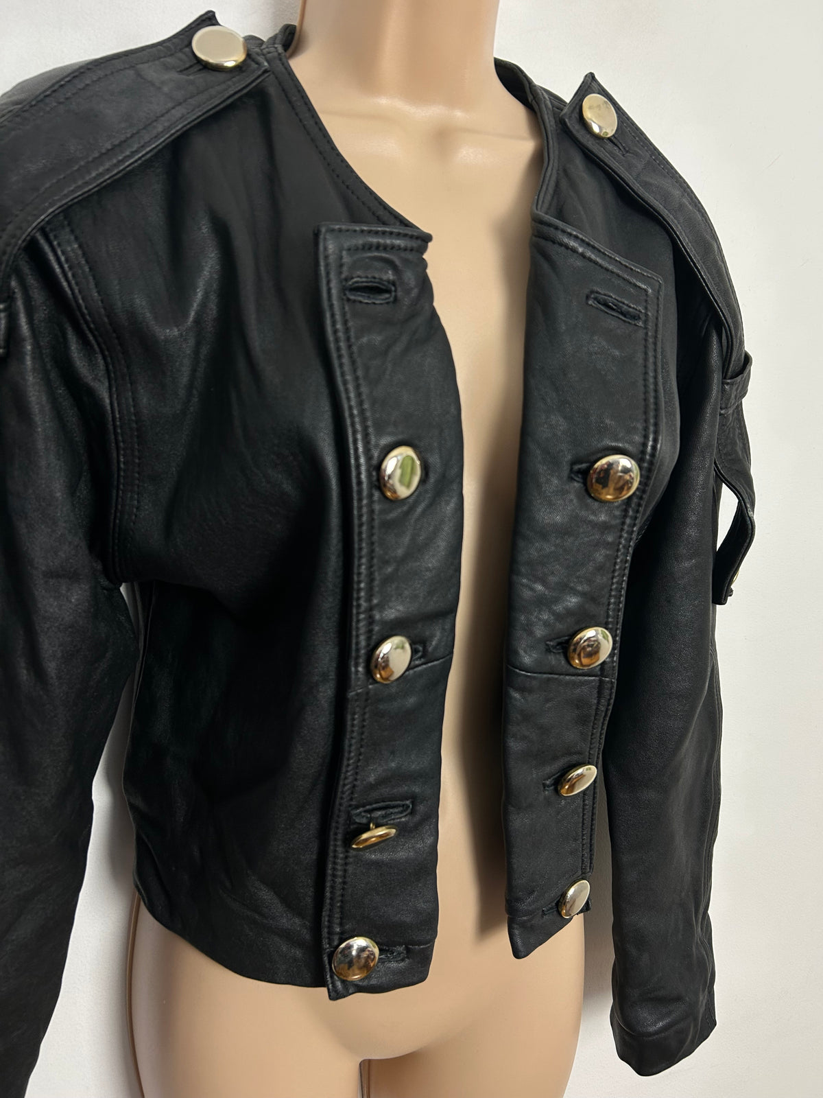 Vintage 1980s UK Size S (10) Black Military Style Open Fronted Button Detail Cropped Leather Jacket