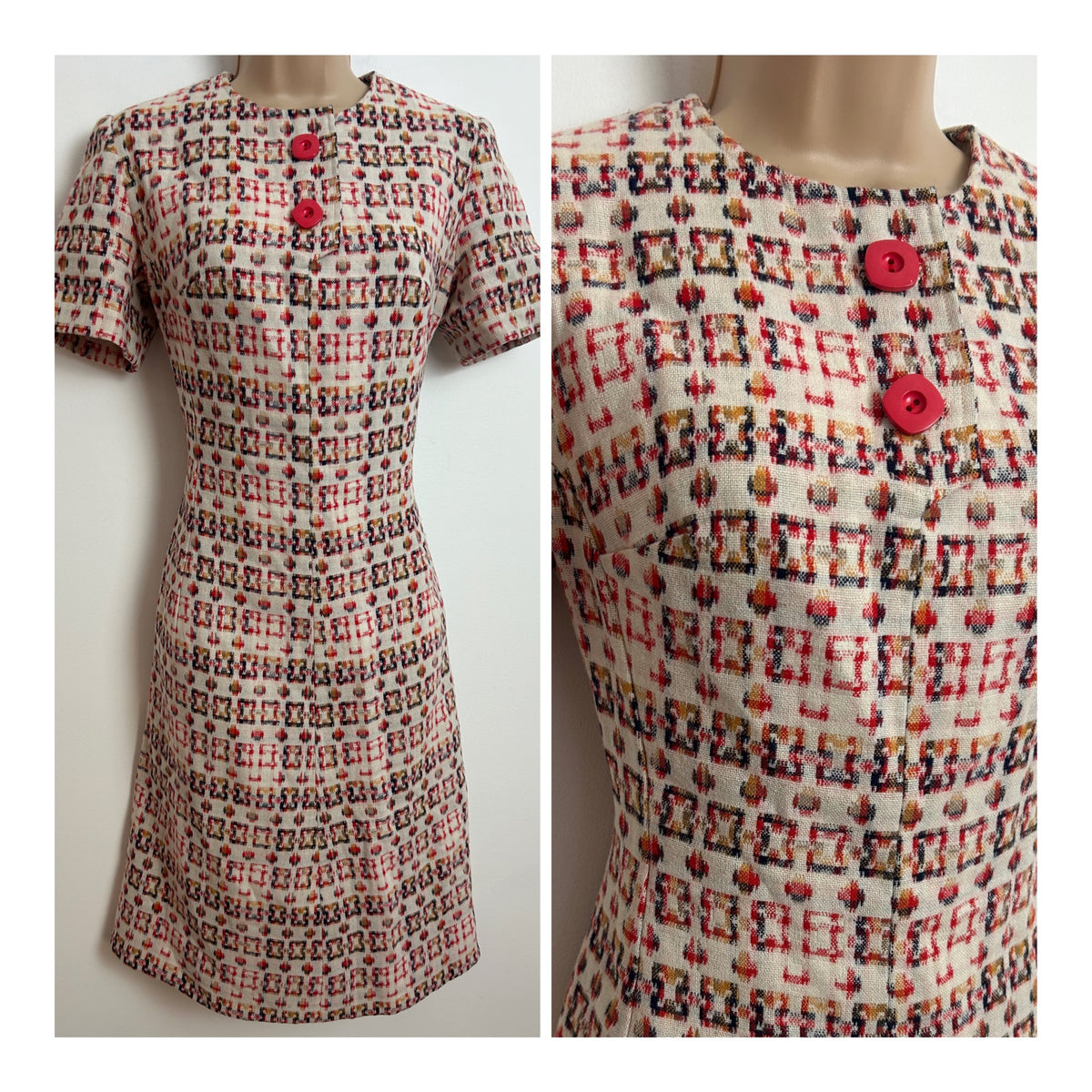 Vintage 1960s UK 8-10 Cream Red & Mustard Abstract Geo Print Short Sleeve Mod Shift Dress