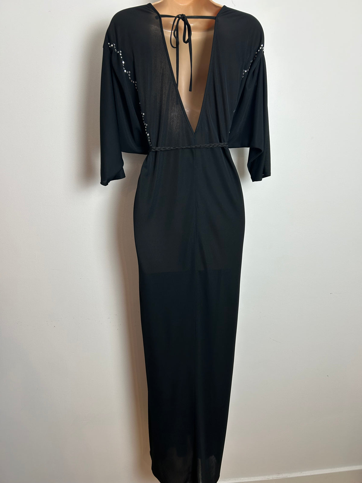 Vintage 1980s Size 12 Black Rhinestone Detail Tie Back Bat Wing Belted Evening Maxi Dress
