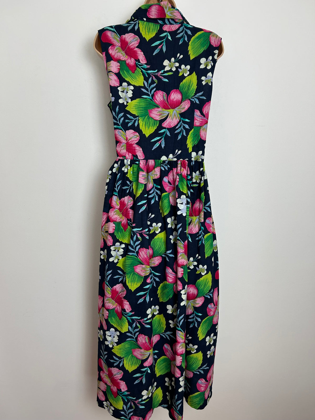 Vintage 1980s STYLED BY SAYBURY Size 12 Navy Blue & Pink Floral Hibiscus Print Cotton Summer Midi Dress