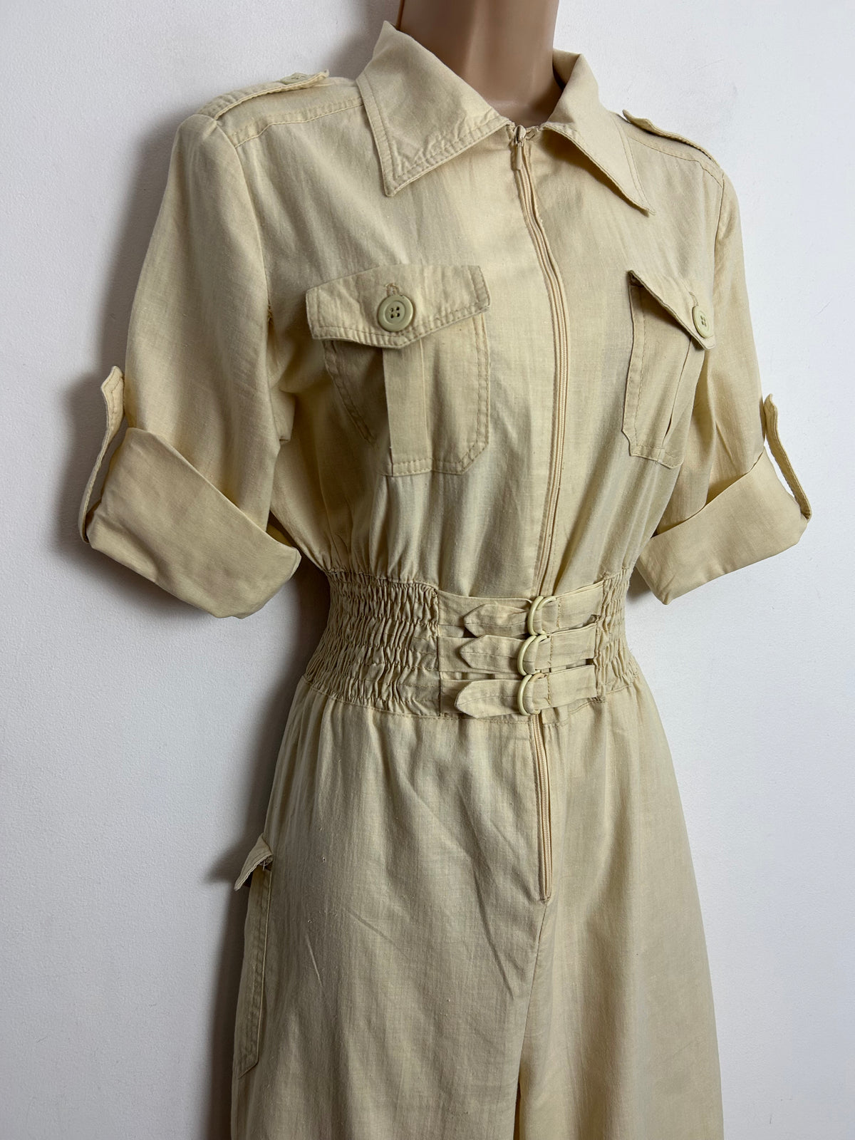 Vintage Early 1980s UK Size 10 C&A Cream Cotton Shirt Style Shirred Waist Jumpsuit