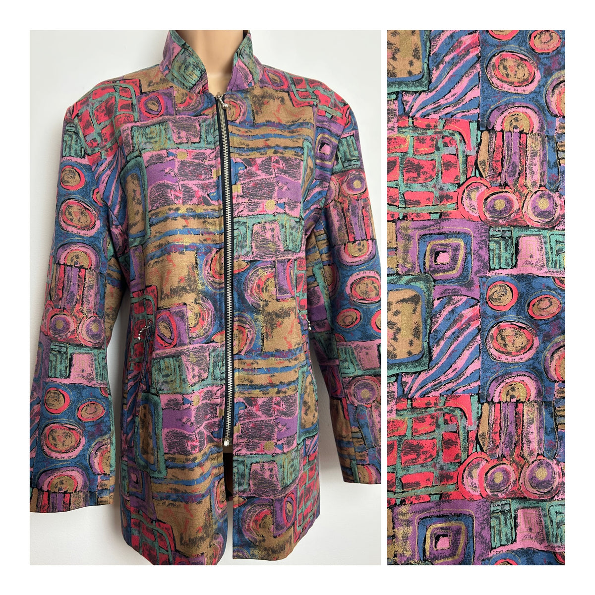 Vintage Late 1980s Size 12-14 Pink Lilac & Green Tones Abstract Print Zip Fronted Jacket