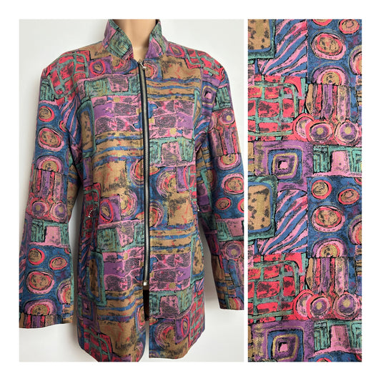 Vintage Late 1980s Size 12-14 Pink Lilac & Green Tones Abstract Print Zip Fronted Jacket
