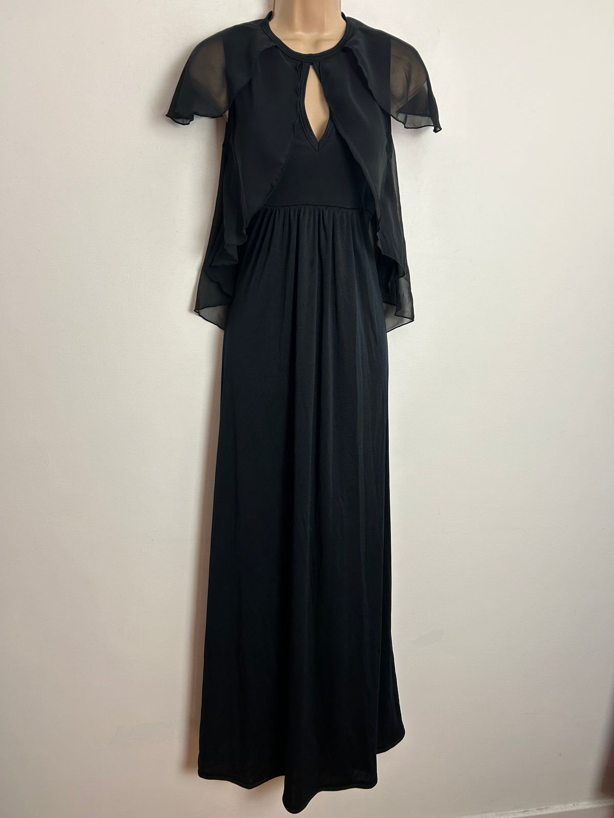 Vintage 1970s MR DARREN UK Size 6-8 Black Chiffon Overlay & Petal Sleeves Maxi Dress