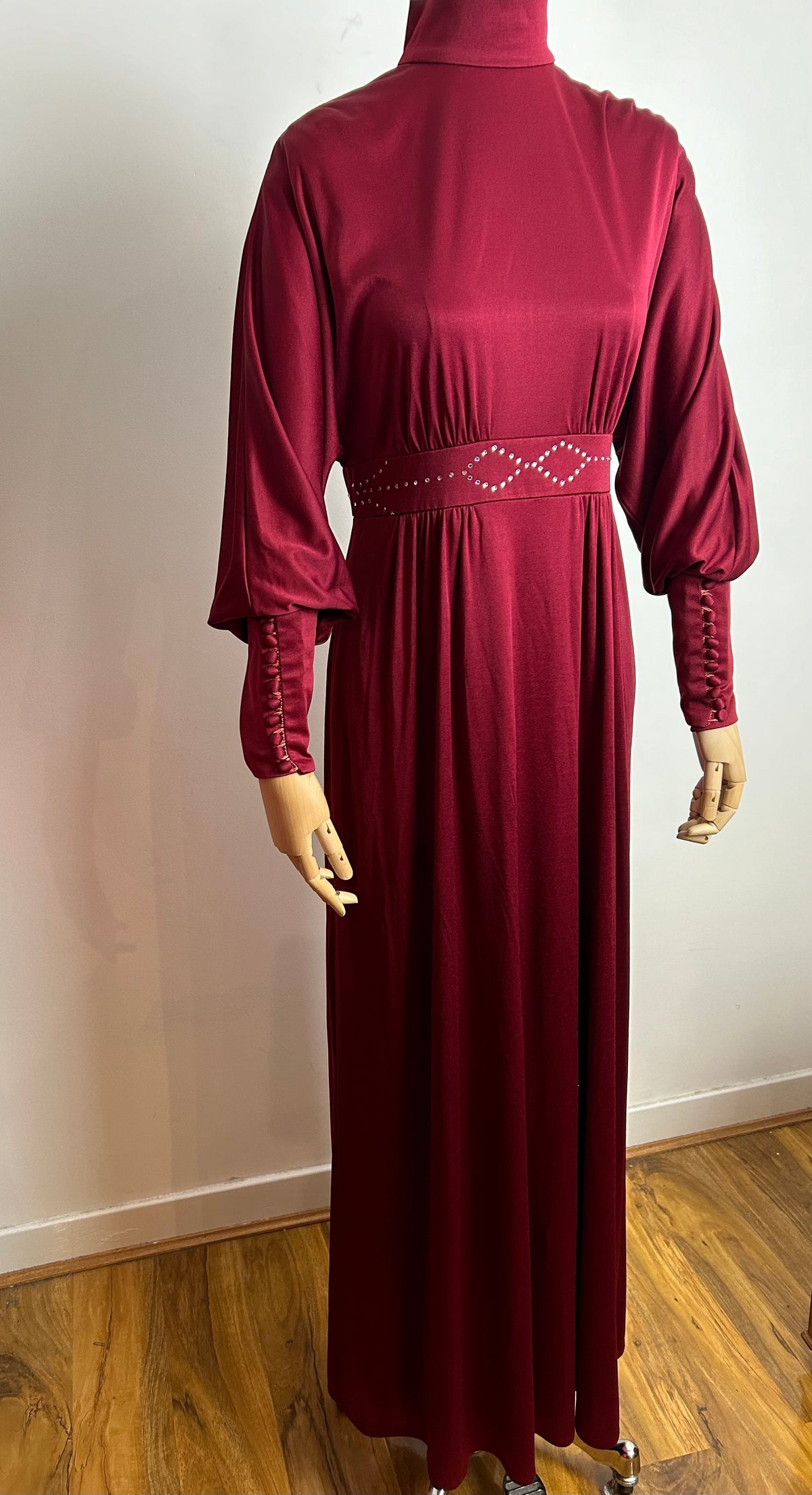 Vintage Late 1970s COCKTAIL HOFFMAN UK Size 12 Dark Red Long Dolman Sleeve Tight Cuffs Rhinestone Detail Occasion Evening Maxi Dress