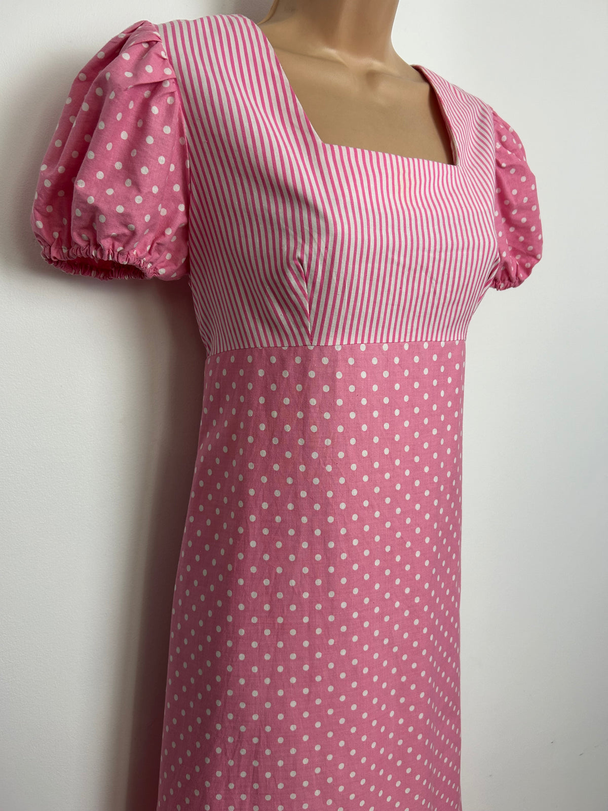 Vintage 1970s Size 10 Pink & White Polka Dot & Stripe Print Cotton Prairie Maxi Dress