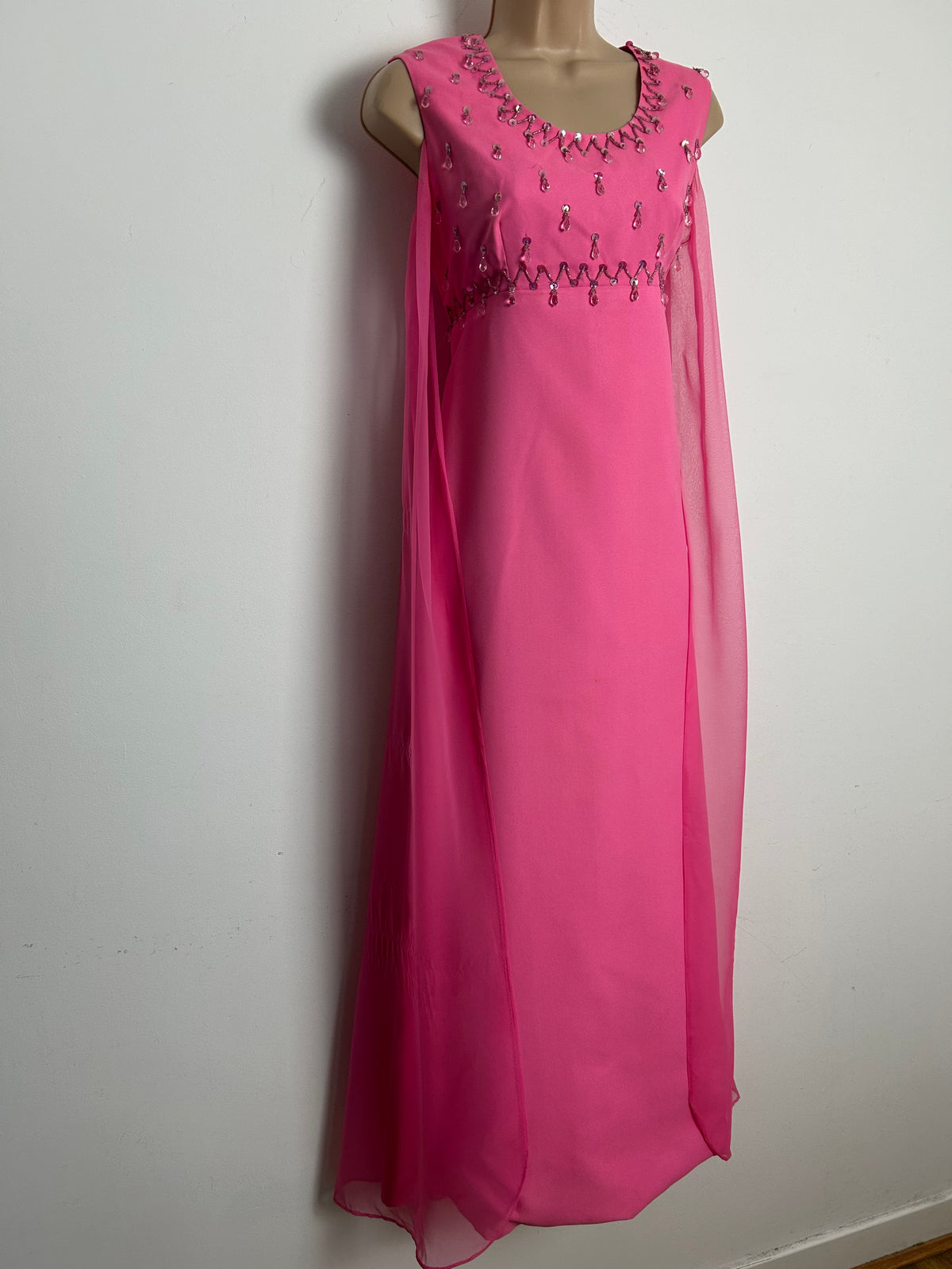 Vintage 1960s Size 8-10 Candy Pink Sequin & Droplet Bead Embellished Cape Layer Occasion Maxi Dress