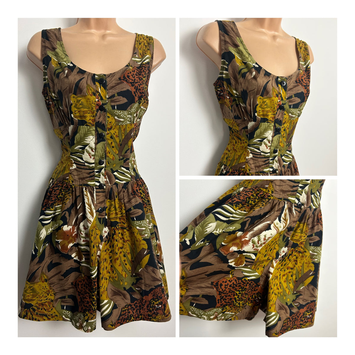 Vintage 1980s Size 10 Brown & Green Tones Jungle Print Cotton Romper/Playsuit