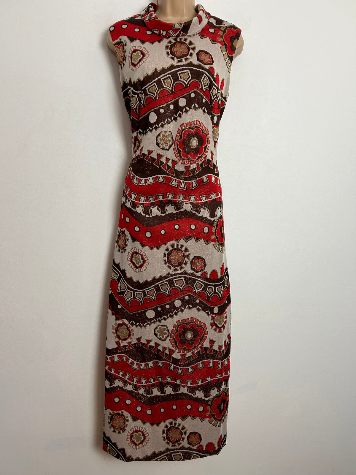 Vintage 1970s UK Size 12 Red Brown Beige & Gold Lurex Abstract Print Column Evening Occasion Maxi Dress