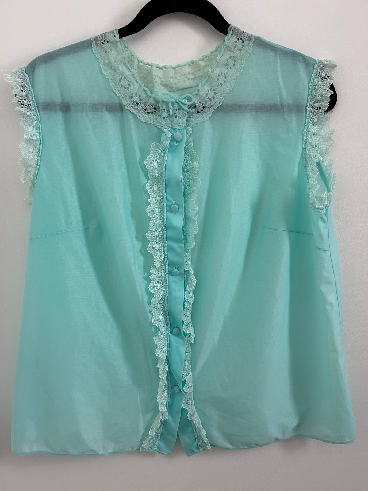 Vintage 1960s Size 16 Ice Blue Sleeveless Lace Trim Nylon Button Through Blouse Top