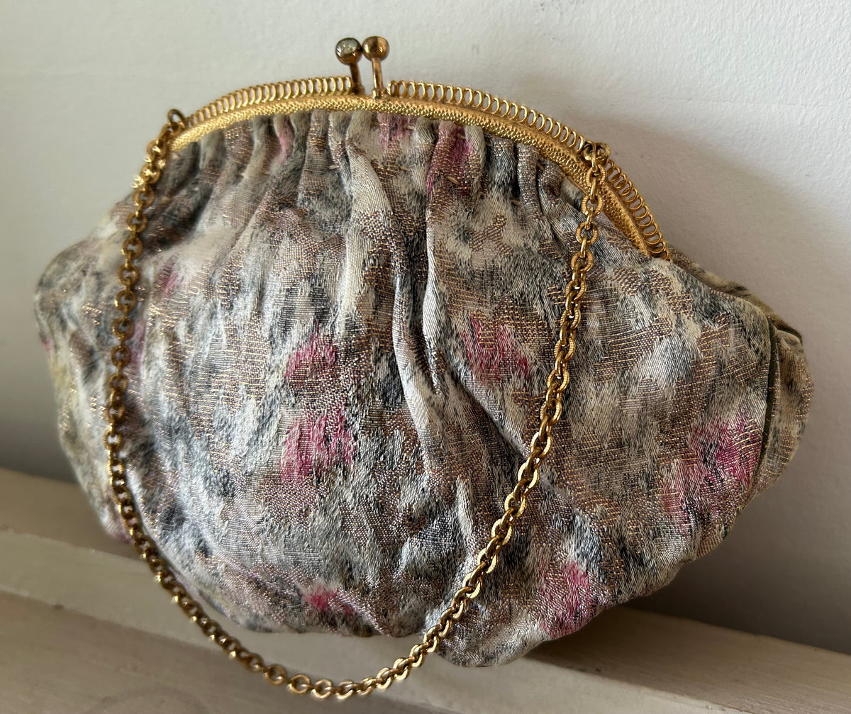 Vintage 1940s Small Cream Pink & Gold Jacquard Gold Tone Mini Purse Bag