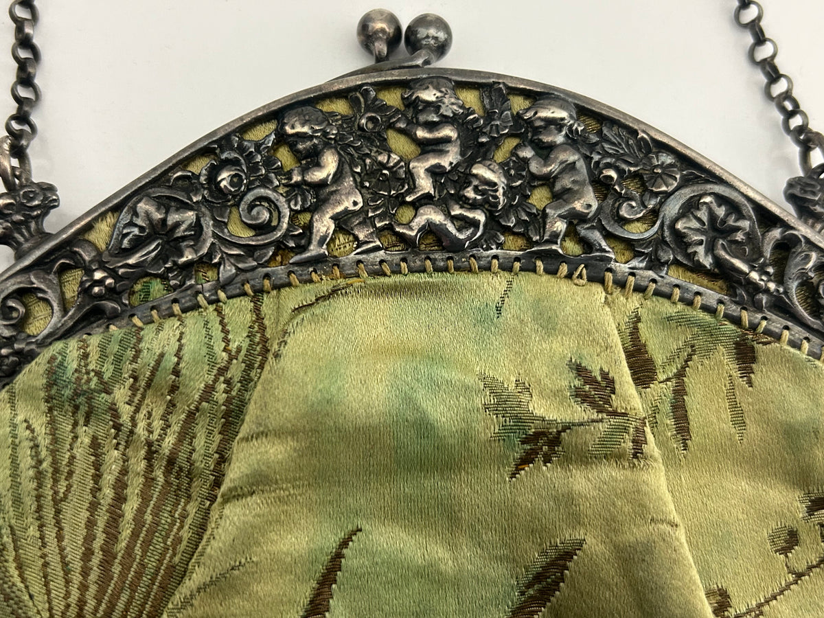 Antique Circa 1900's Victorian/Edwardian Silver Cherub Frame Green Silk jacquard Bag