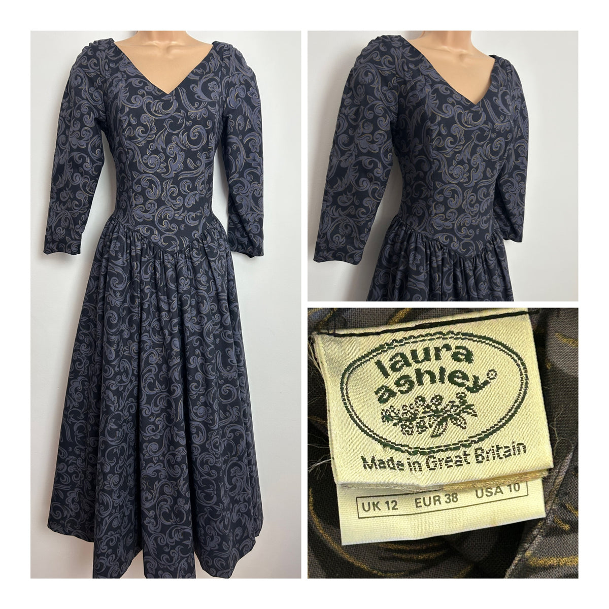 Vintage 1980s LAURA ASHLEY Size 8 Dark Grey & Gold Pattern Occasion Ballgown Dress