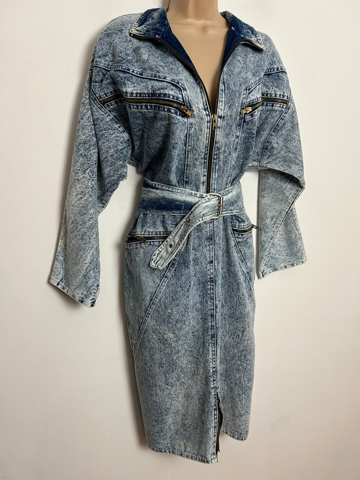 Vintage 1980s RARE ST DENIS UK Size 12 Acid Wash Blouson Style Zip Pocket Belted Deni Dress