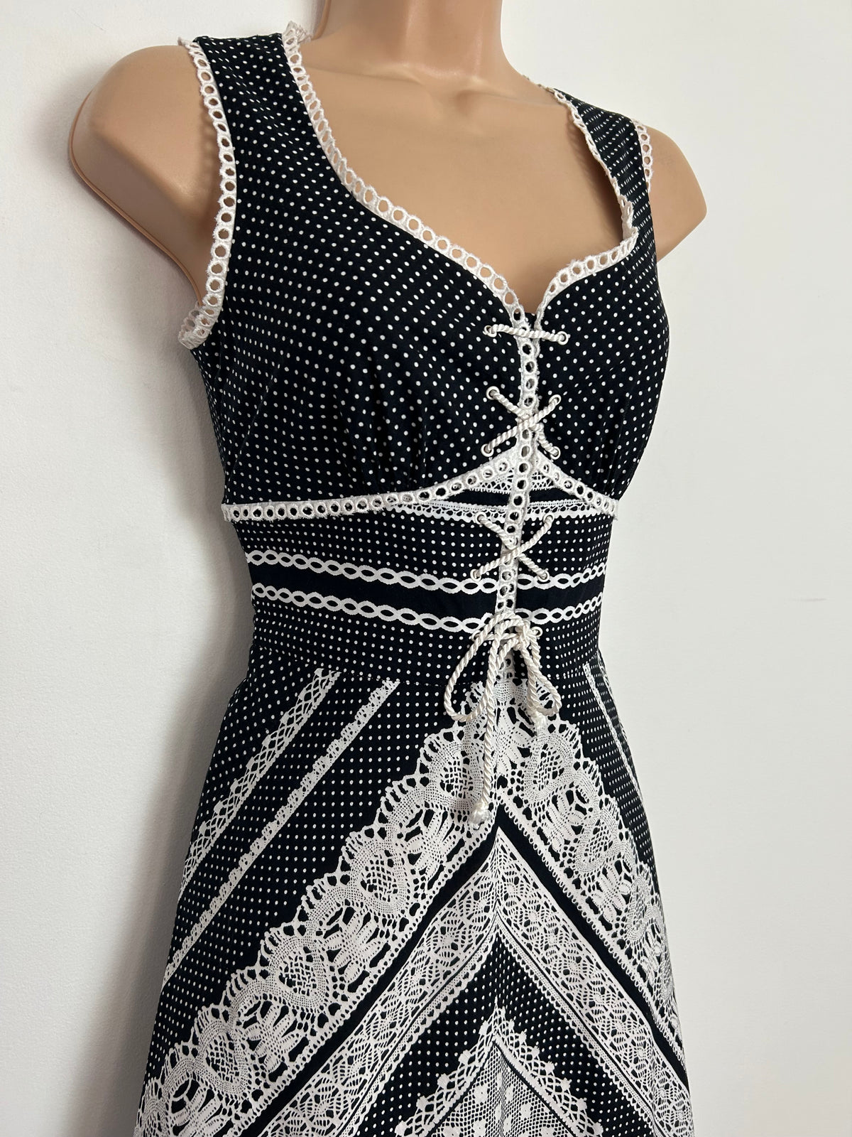 Vintage 1970s MARC RENE Size 6 Black & White Polka Dot & Trompe L'oeil Print Lace Up Front Cotton Maxi Dress