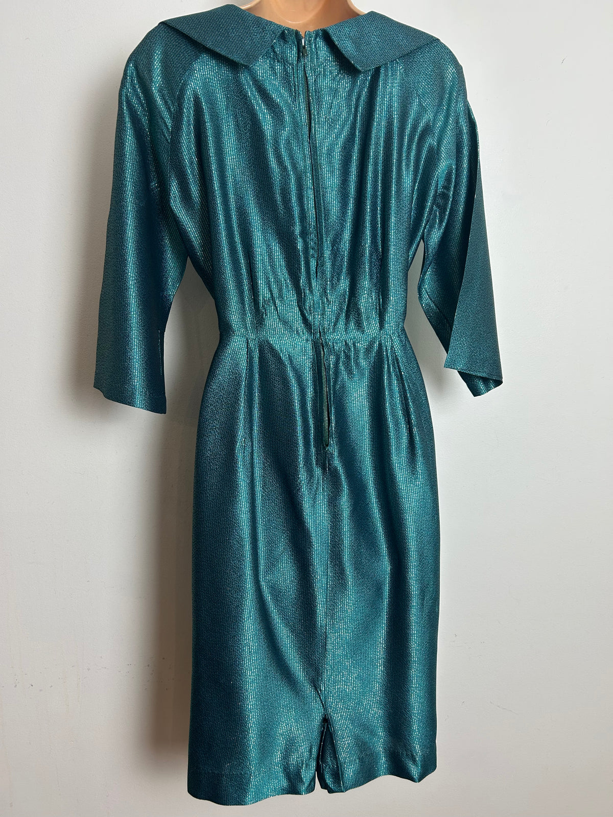 Vintage 1960s Size 10-12 Dark Turquoise & Silver Pinstripe Notch Collar Mid Sleeve Party Dress