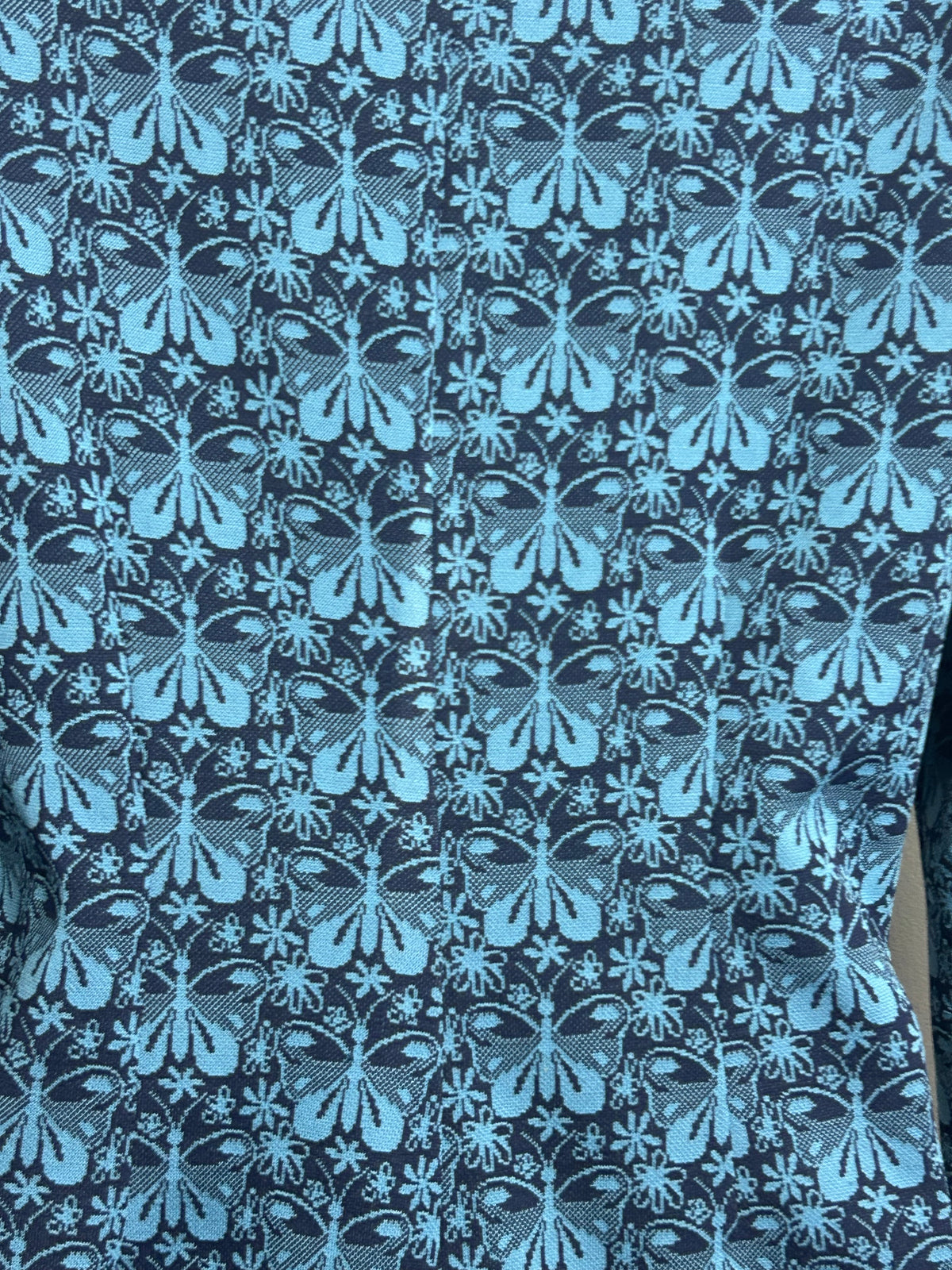 Vintage 1960S Size 14-16 Blue Tones Butterfly Pattern Polyester Long Sleeve Shirt Dress