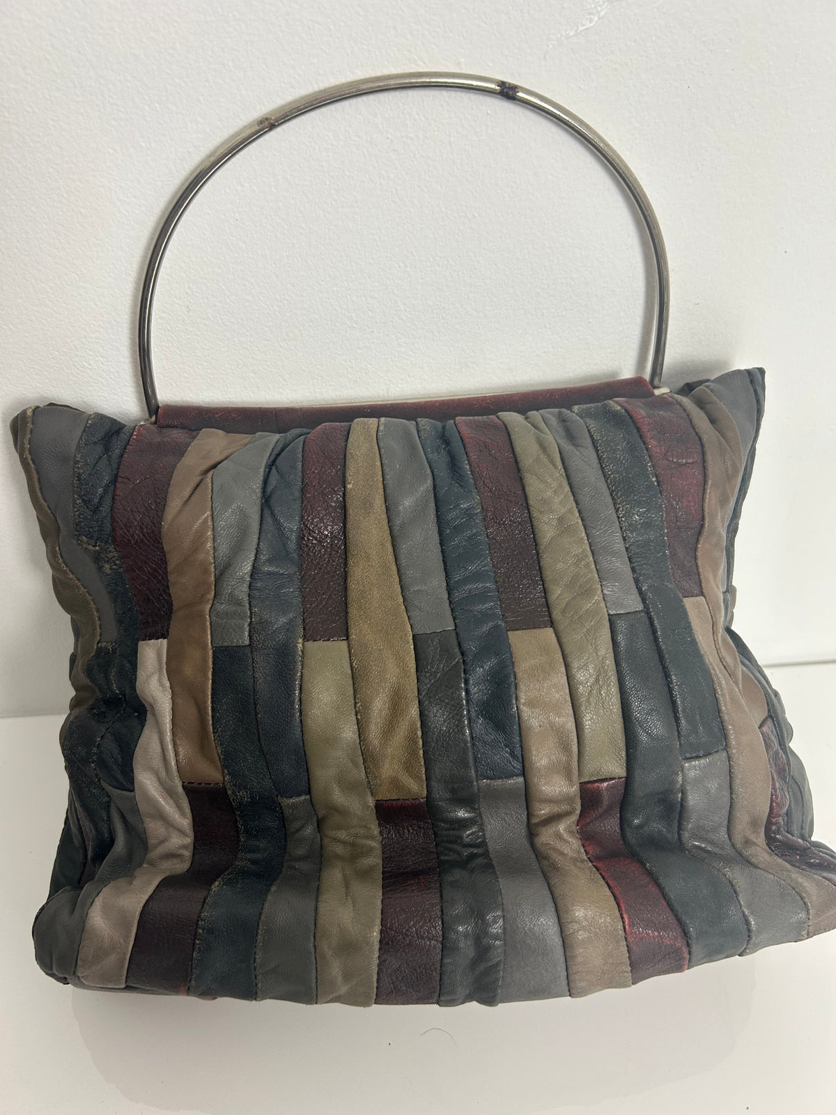 Vintage 1970s Dark Red Green & Grey Tones Patchwork Leather Metal Handled Boho Handbag
