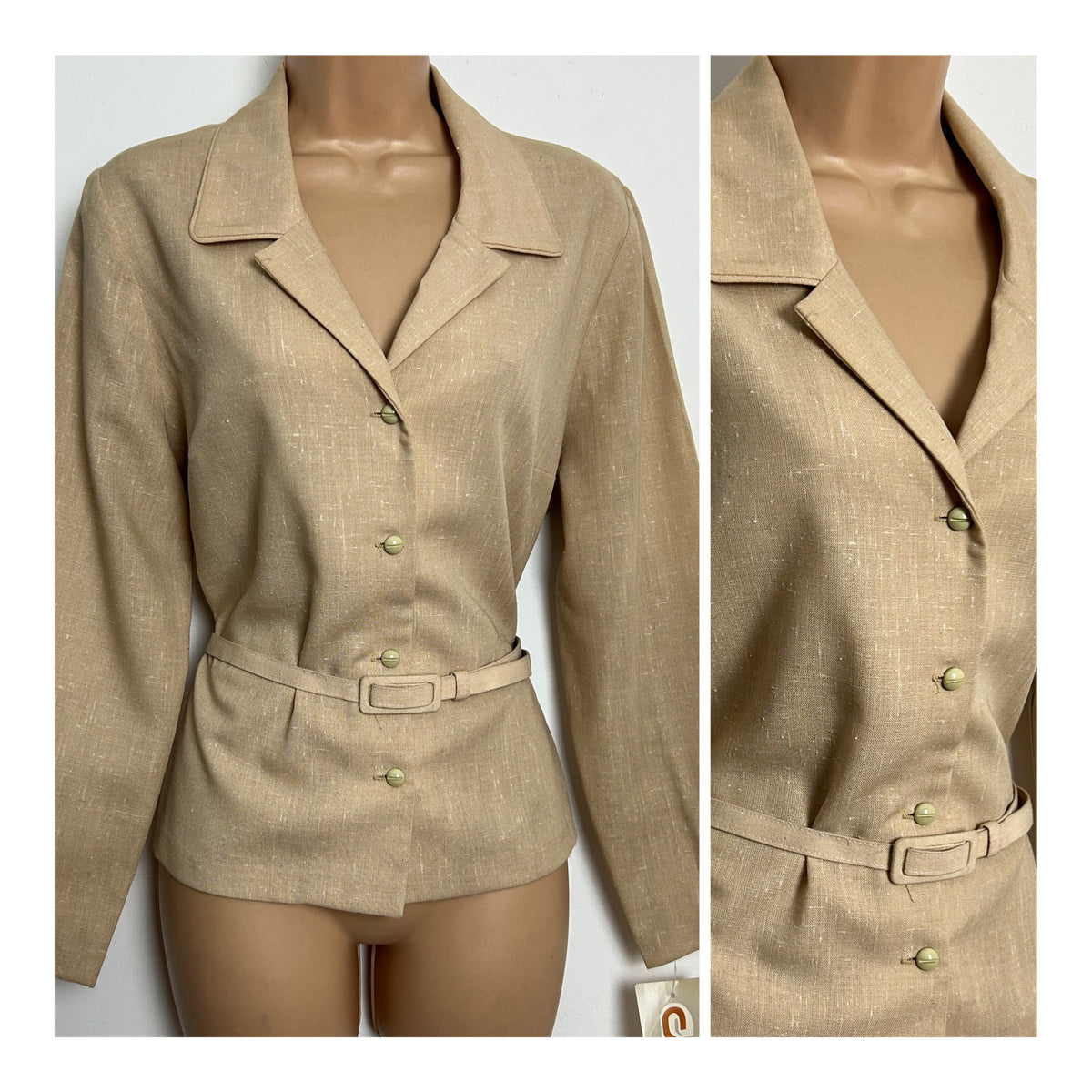 Vintage Late 1960s Deadstock SLIMRAY Size 14 Beige Long Sleeve Belted Shirt