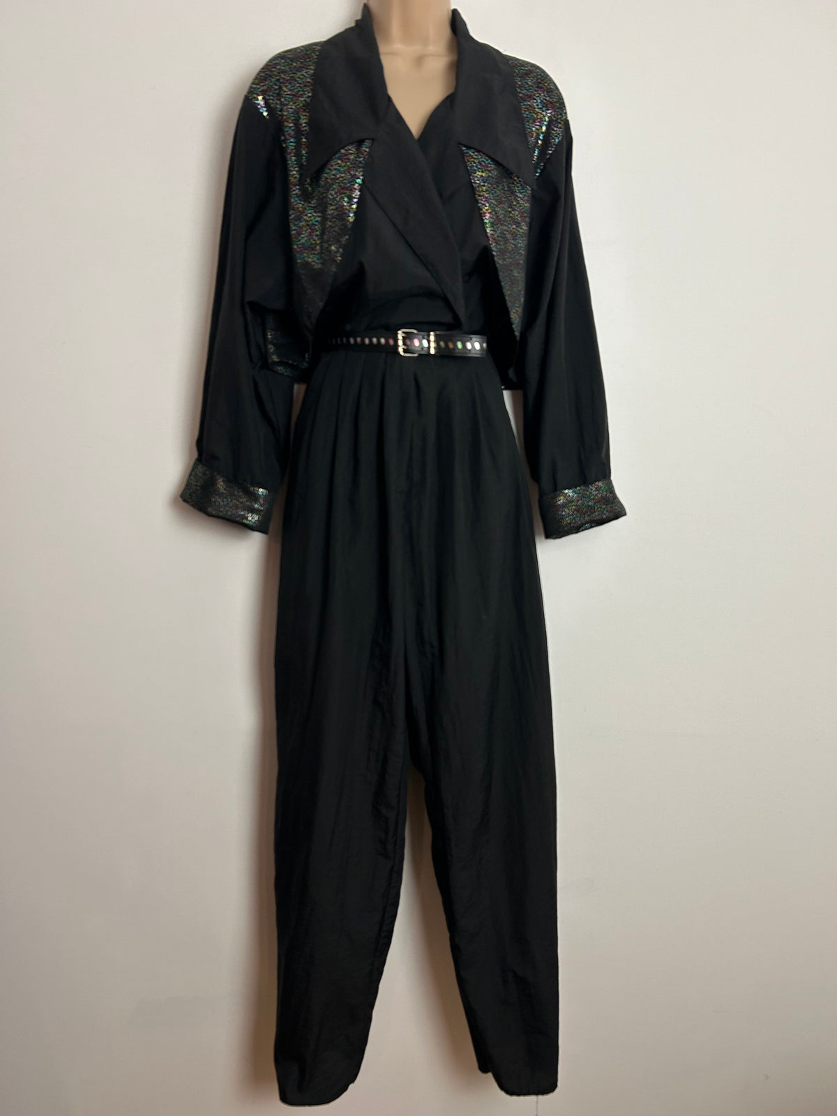 Vintage Extreme 1980s UK Size 12 Black & Metallic Multicolour Mock Waistcoat Belted Jumpsuit