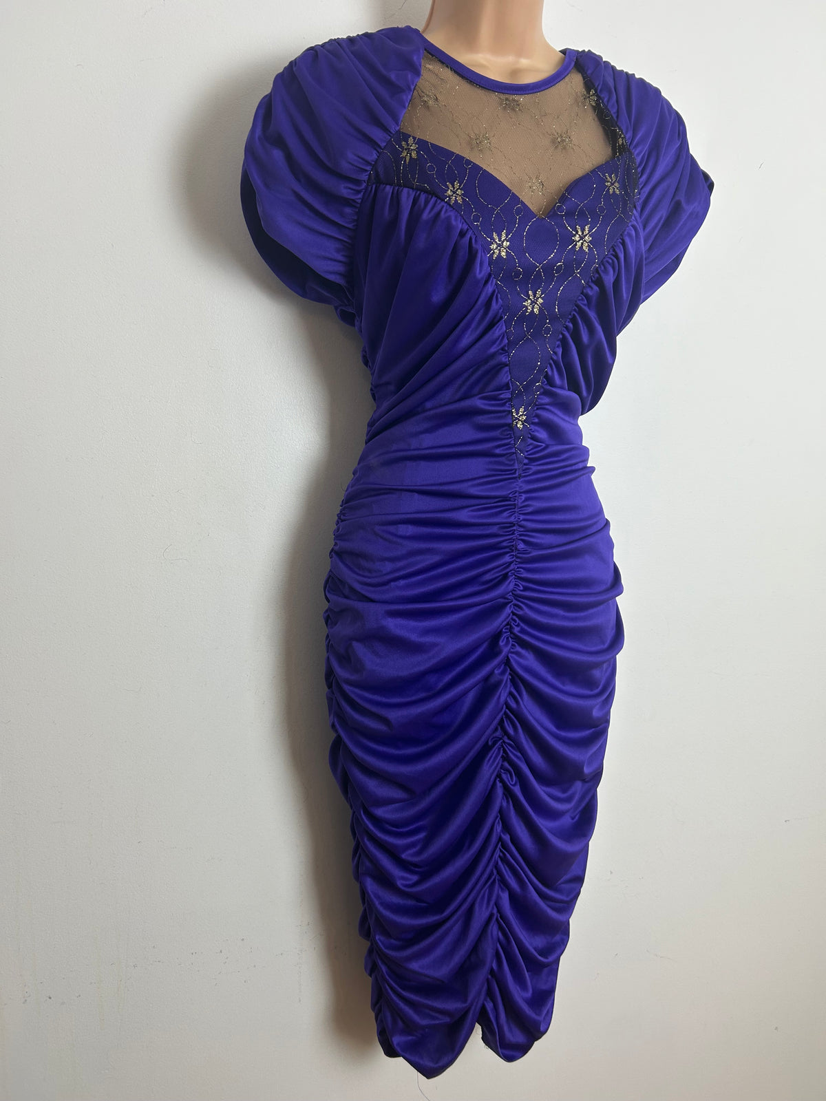 Vintage 1980s Size 10-12 Purple Ruched Draped Mesh Panel Open Back Fitted Wiggle Xmas Party Dress