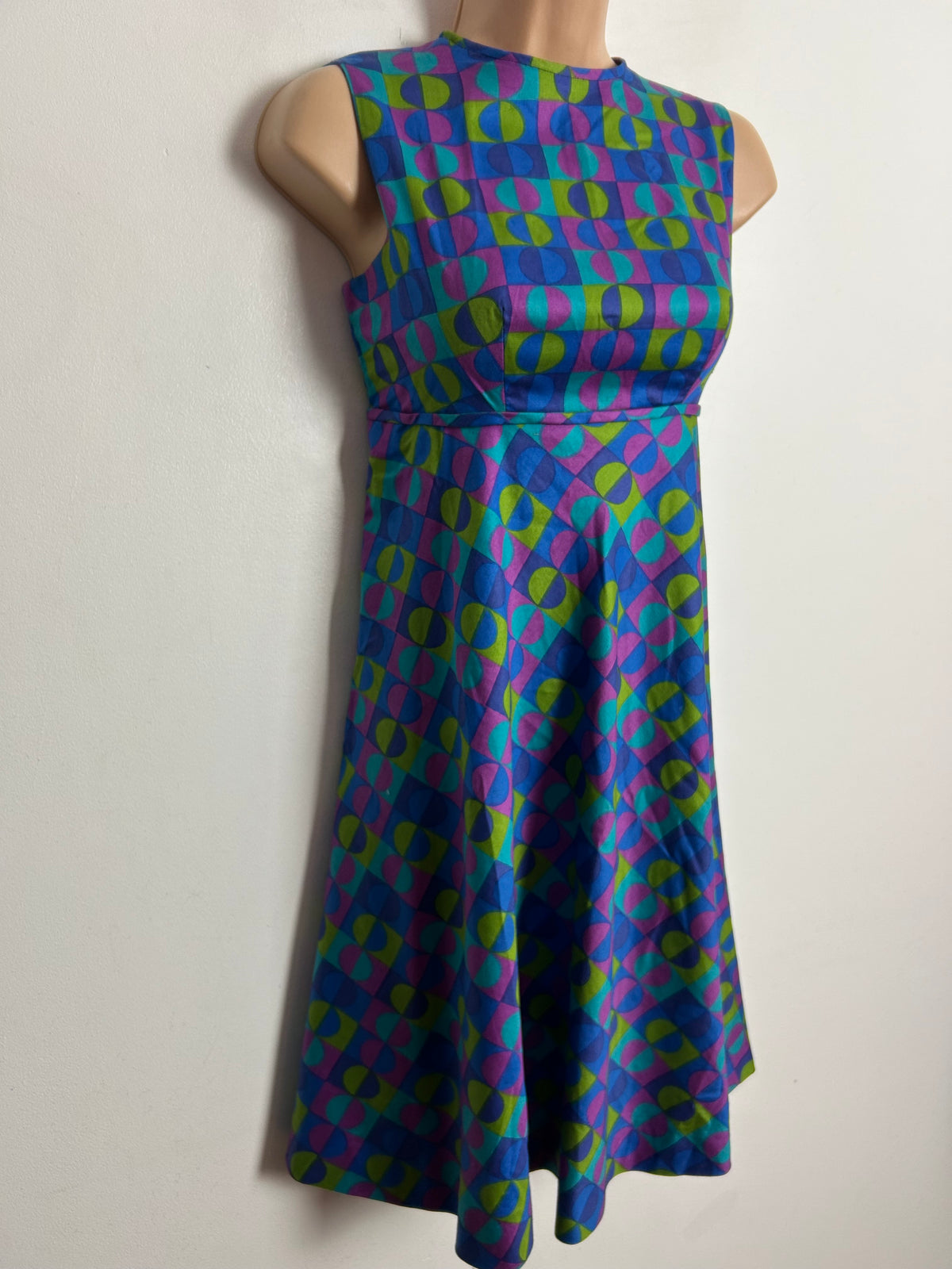 Vintage 1960s UK Size 6-8 Blue Pink Green & Turquoise Square & Circle Print Empire Line Short Mod Shift Dress