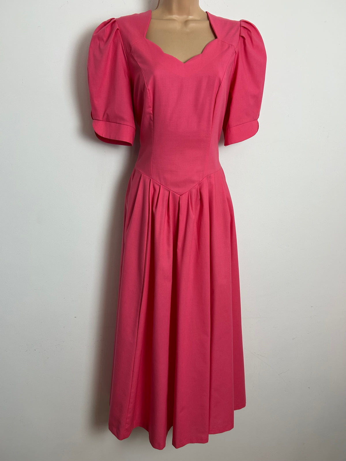 Vintage 1980s LAURA ASHLEY Size 10/12 (Size 14 On Label) Candy Pink 100% Cotton Scallop Neck Midi Dress