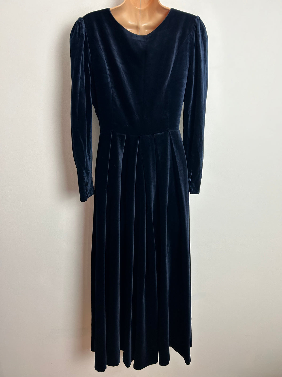 Vintage 1980s LAURA ASHLEY UK Size 8-10 (Size 12 On Label) Dark Blue Velvet Scallop Neck Long Sleeve Dress