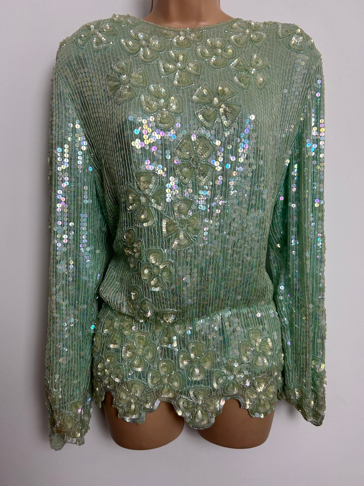 Vintage 1980s Size 12 Palest Green Iridescent Sequin Covered Long Sleeve Scallop Waist Evevning Top
