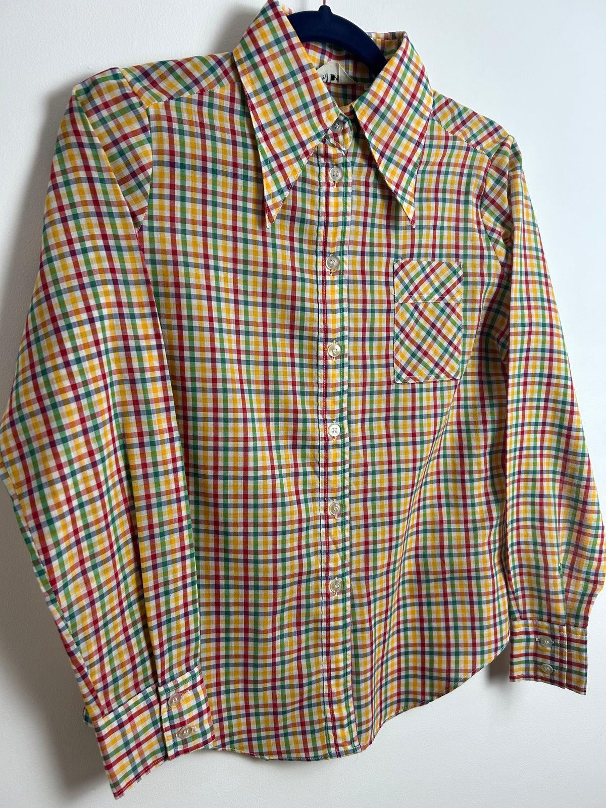 Vintage 1970s Size 10 Yellow Green Red & Blue Check Print Dagger Collar Cotton Mix Shirt