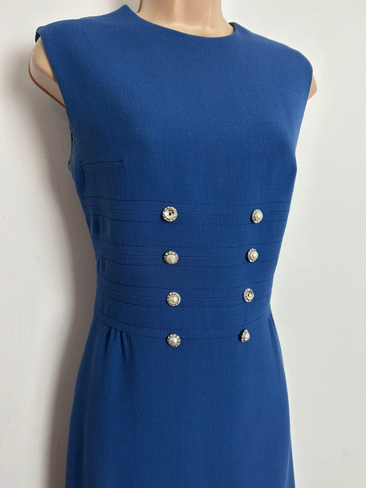 Vintage 1960s HEROS MODELL Size 8-10 Dusky Blue Pearl & Diamante Button Detail Mod Dress
